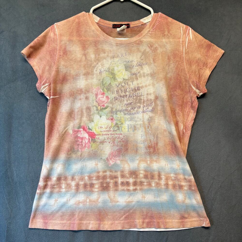 KOS USA Tie Dye Floral Graphic T-Shirt Large Made in USA Y2K Boho Romantic